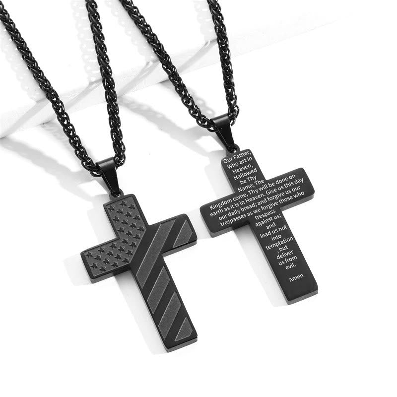 Tri-Color Cross Necklace with American Flag & Scripture