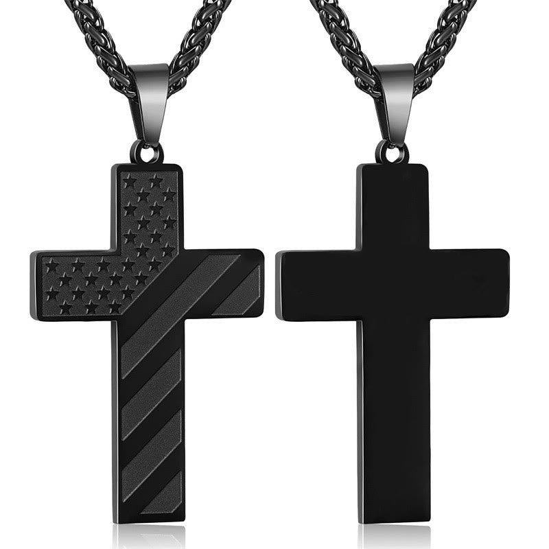 Tri-Color Cross Necklace with American Flag & Scripture