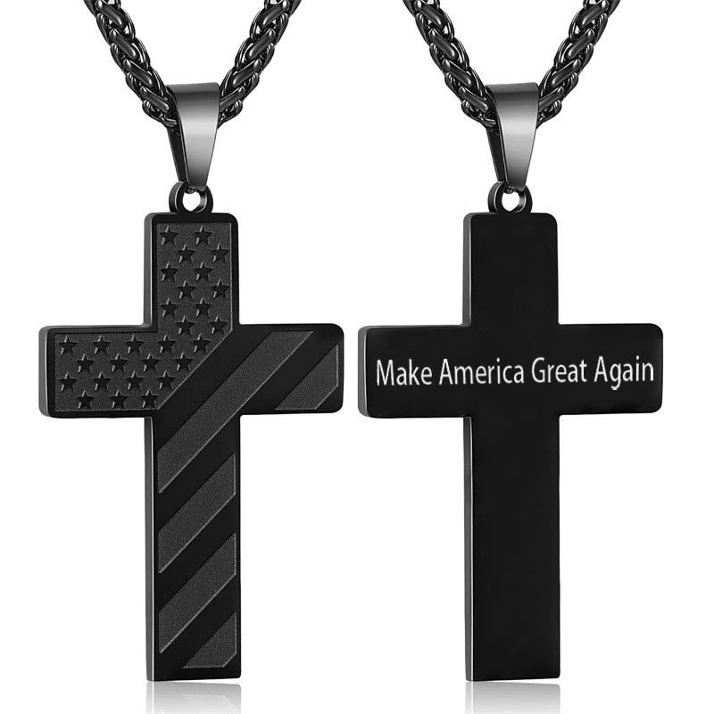 Tri-Color Cross Necklace with American Flag & Scripture