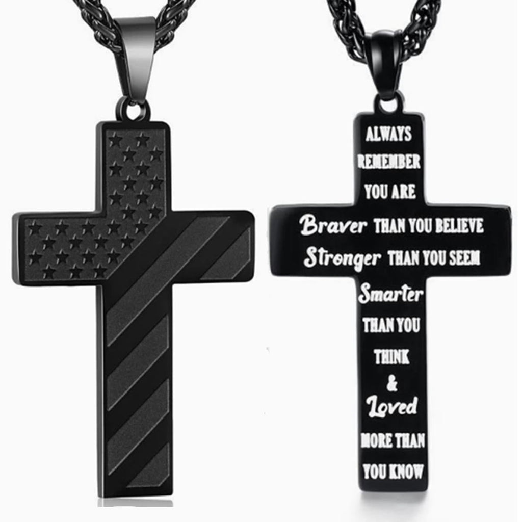 Tri-Color Cross Necklace with American Flag & Scripture
