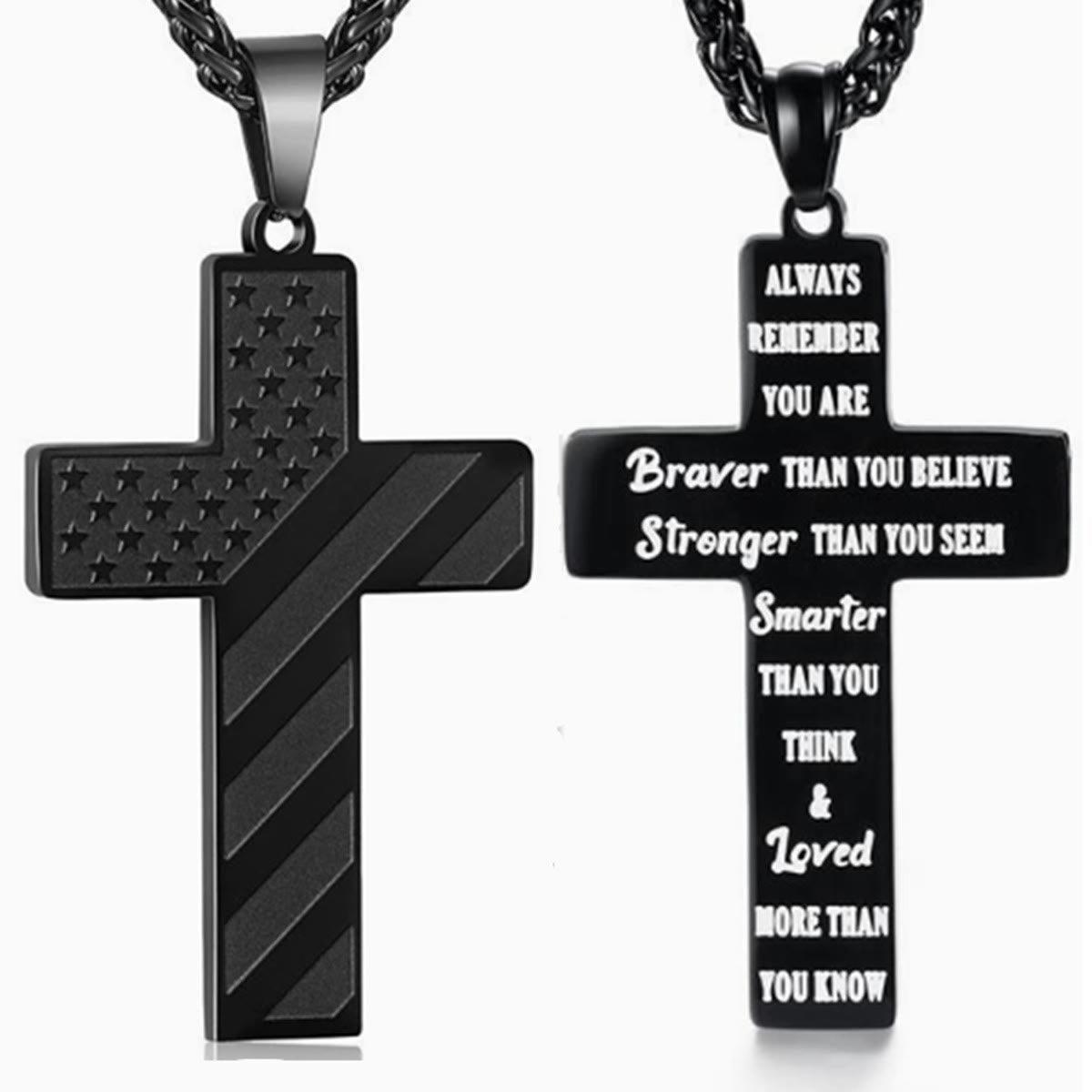 Tri-Color Cross Necklace with American Flag & Scripture