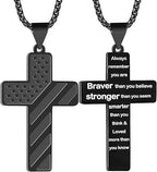 Tri-Color Cross Necklace with American Flag & Scripture