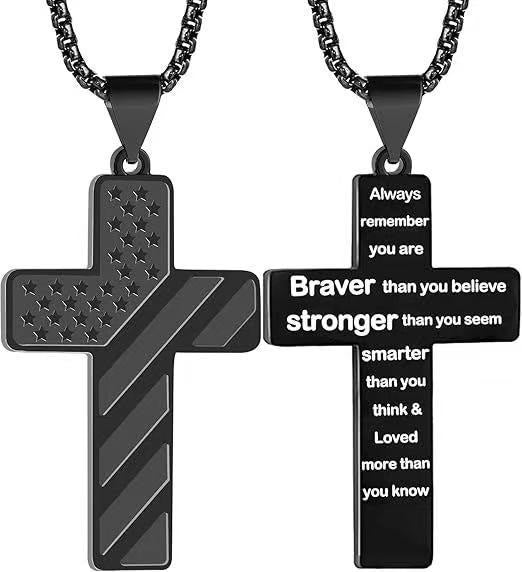 Tri-Color Cross Necklace with American Flag & Scripture