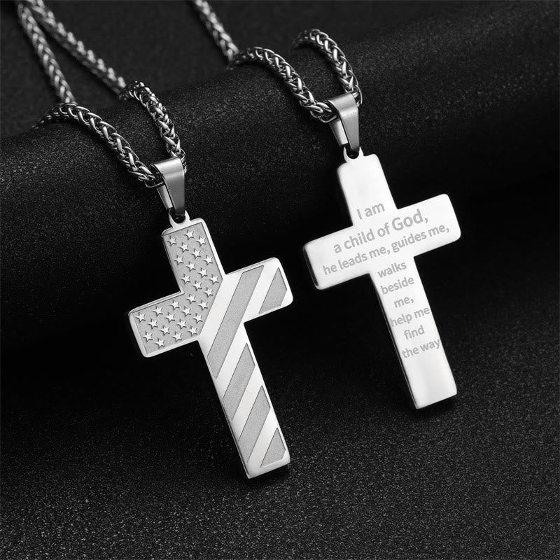 Tri-Color Cross Necklace with American Flag & Scripture