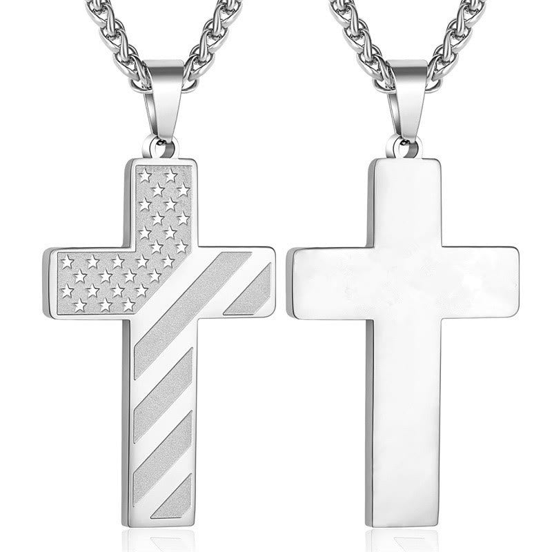 Tri-Color Cross Necklace with American Flag & Scripture
