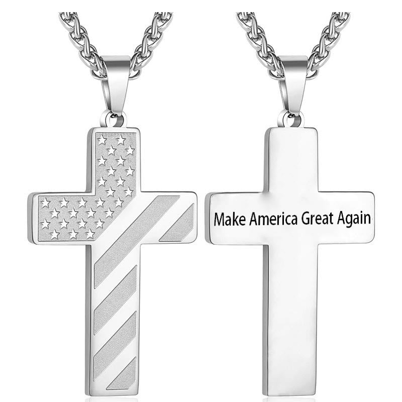 Tri-Color Cross Necklace with American Flag & Scripture