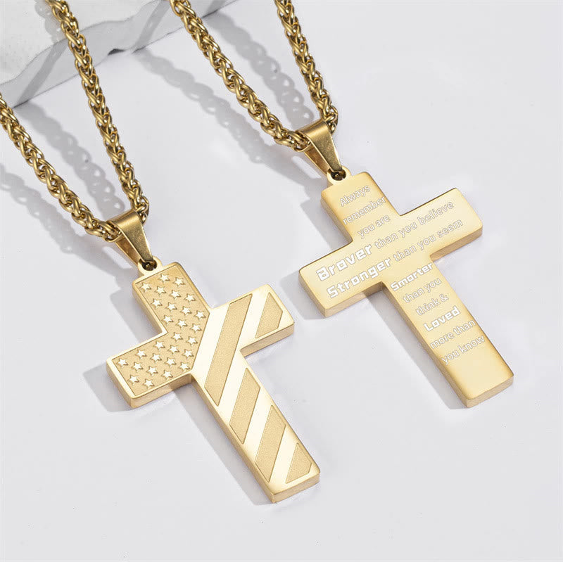 Tri-Color Cross Necklace with American Flag & Scripture