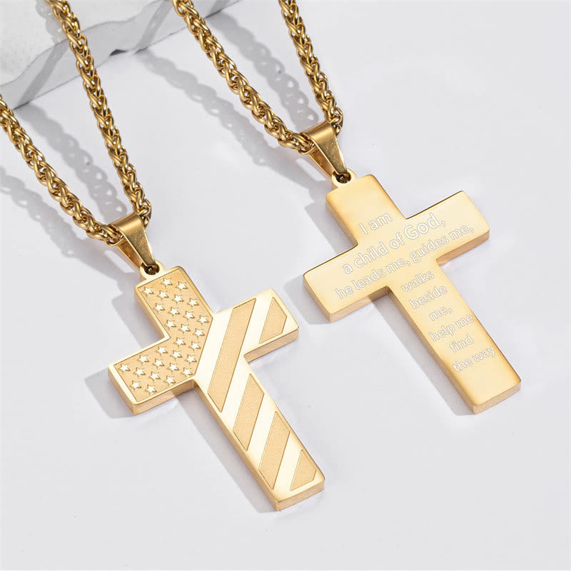Tri-Color Cross Necklace with American Flag & Scripture