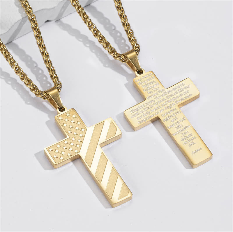 Tri-Color Cross Necklace with American Flag & Scripture