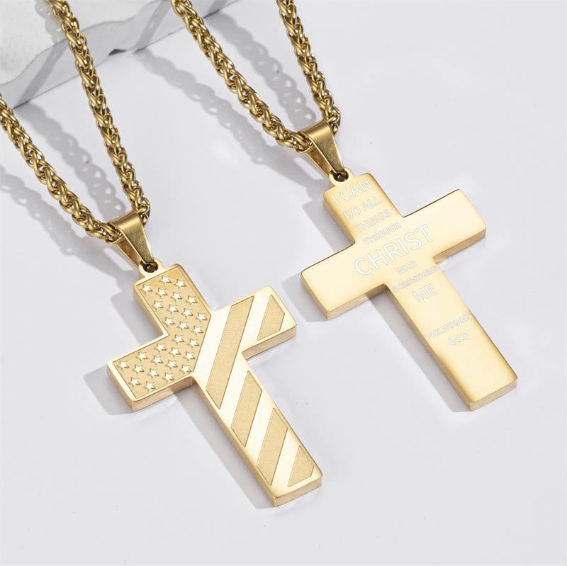 Tri-Color Cross Necklace with American Flag & Scripture