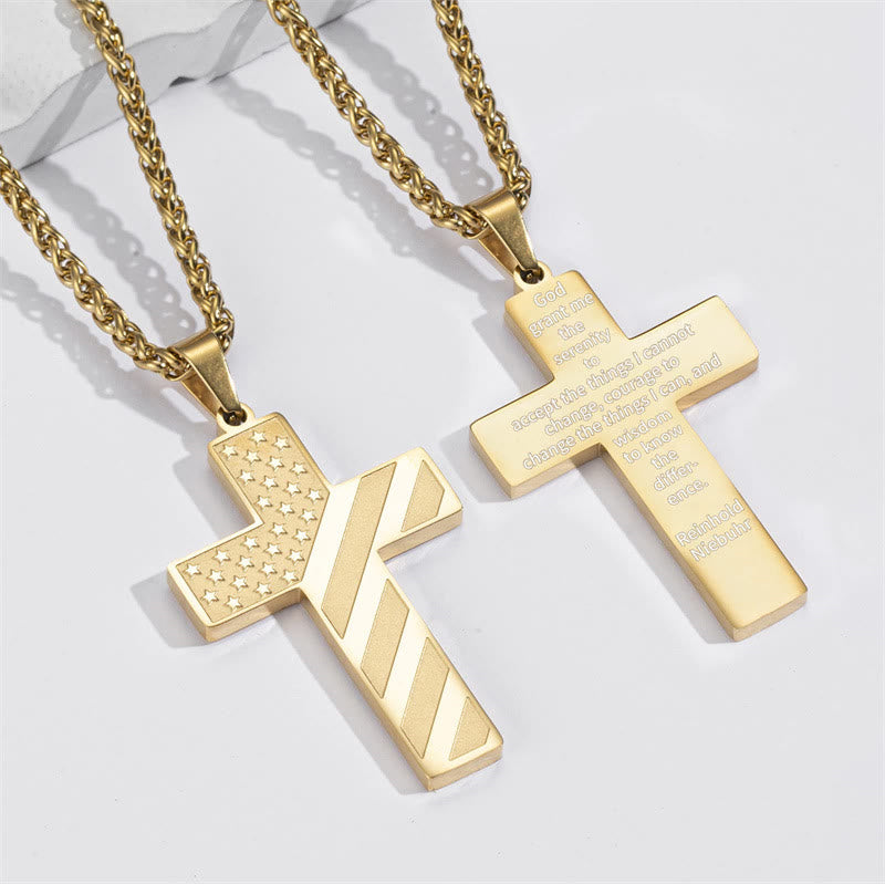 Tri-Color Cross Necklace with American Flag & Scripture