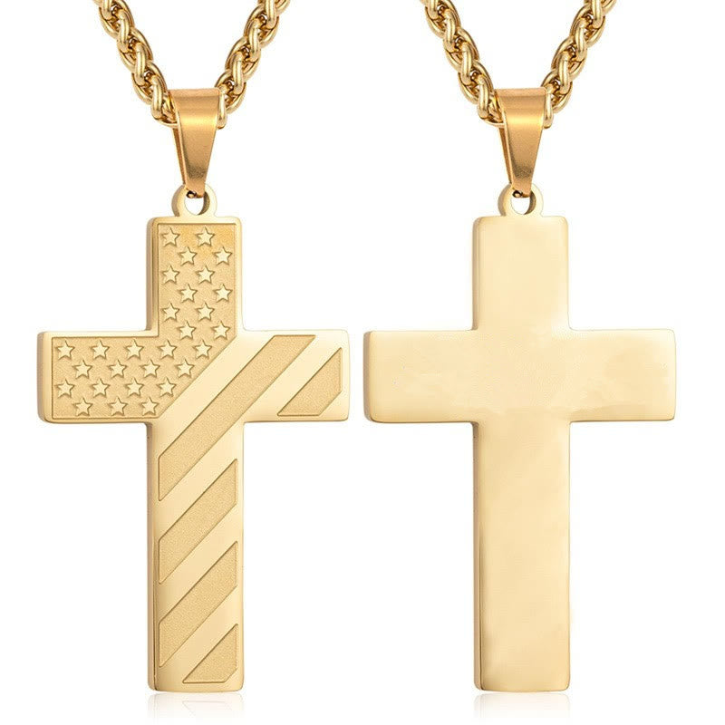 Tri-Color Cross Necklace with American Flag & Scripture