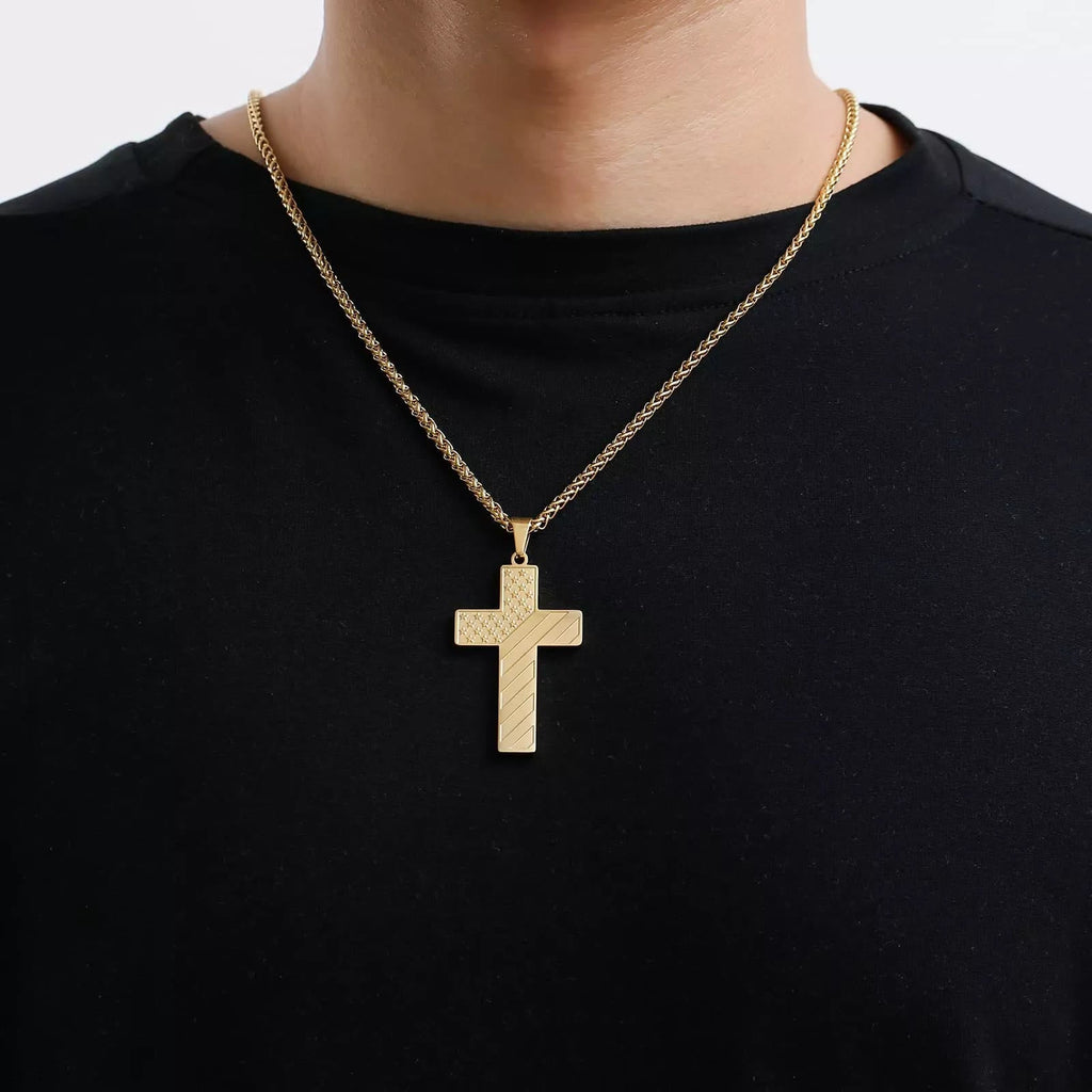Tri-Color Cross Necklace with American Flag & Scripture