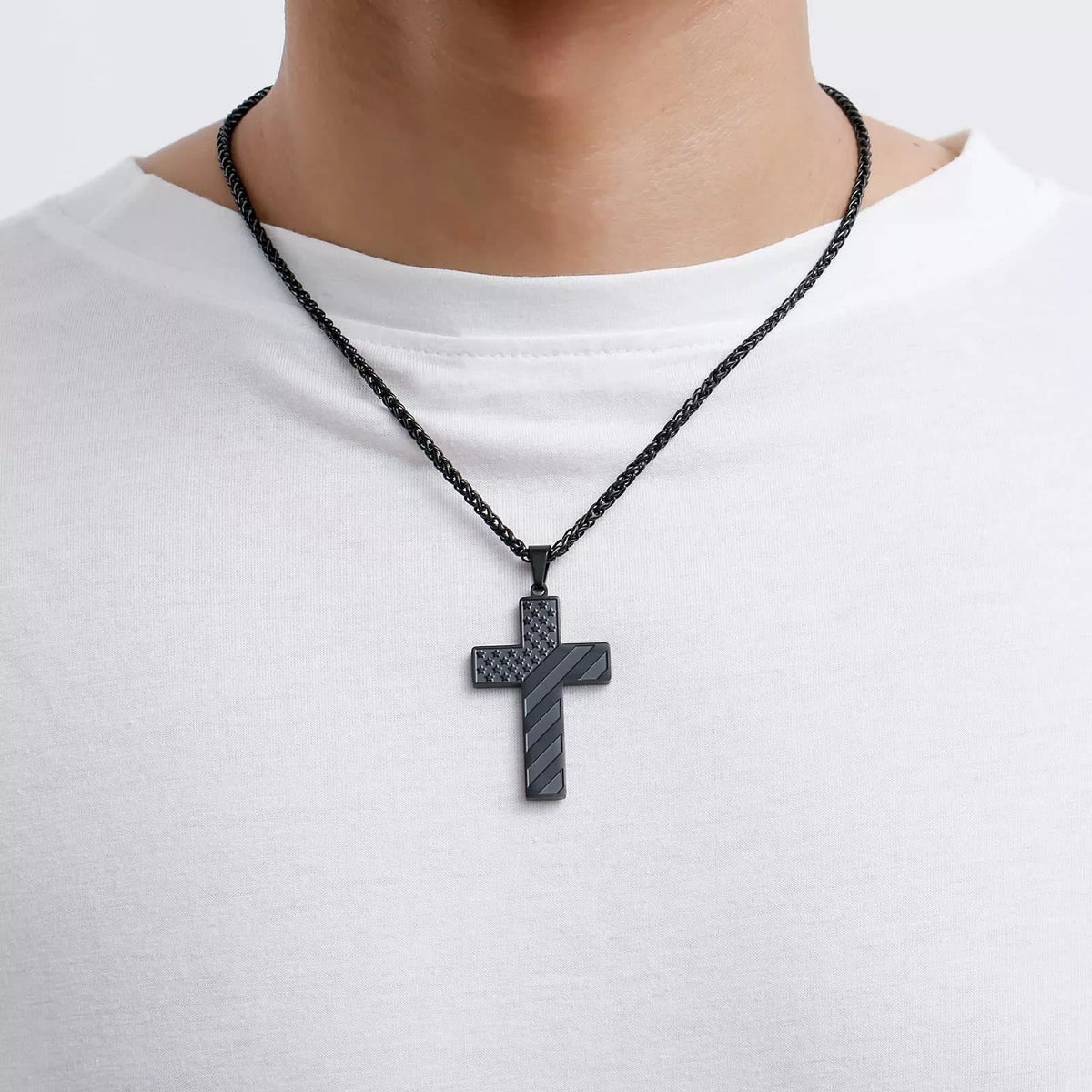 Tri-Color Cross Necklace with American Flag & Scripture
