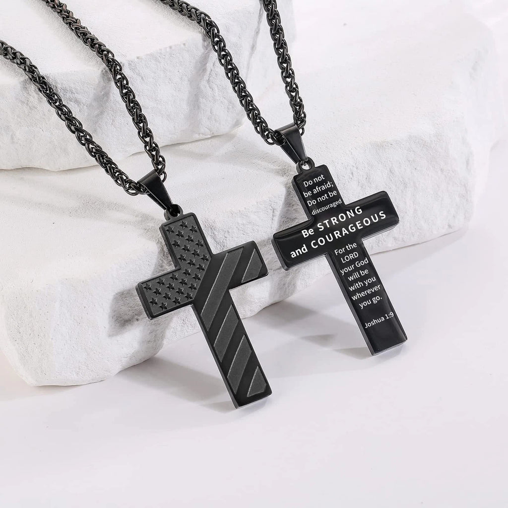 Tri-Color Cross Necklace with American Flag & Scripture