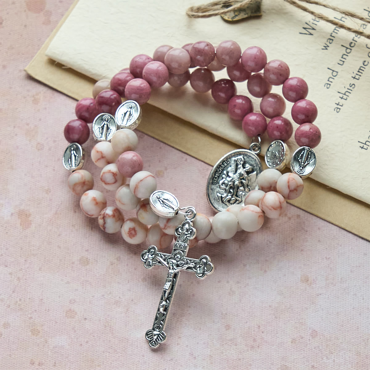 Rosewood Grain & Matte Web Stone Memory Wire Rosary Bracelet