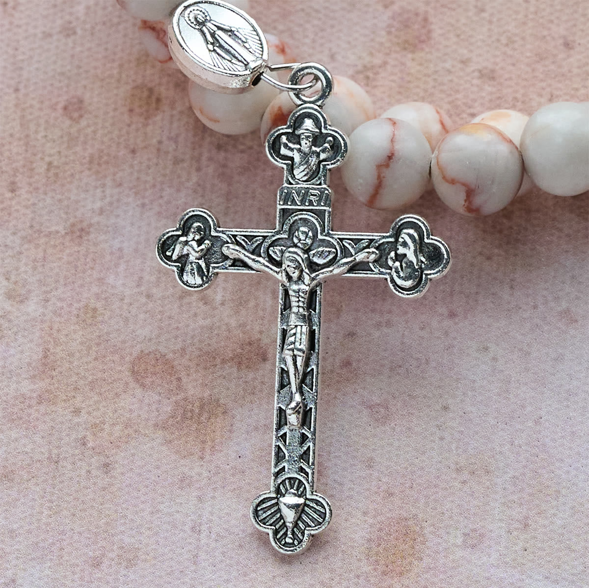 Rosewood Grain & Matte Web Stone Memory Wire Rosary Bracelet