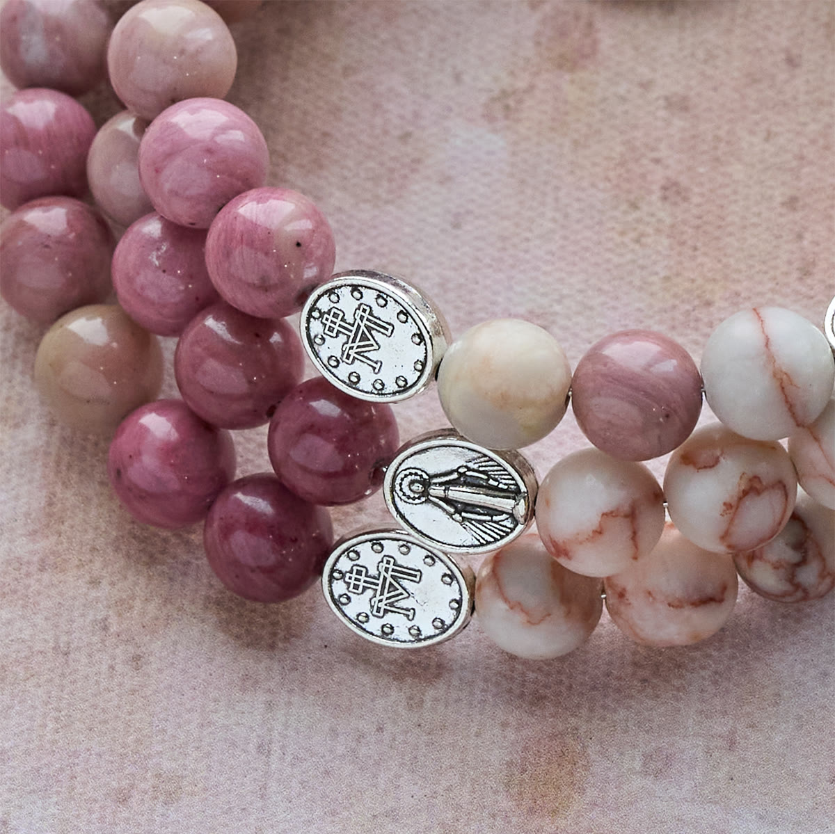 Rosewood Grain & Matte Web Stone Memory Wire Rosary Bracelet