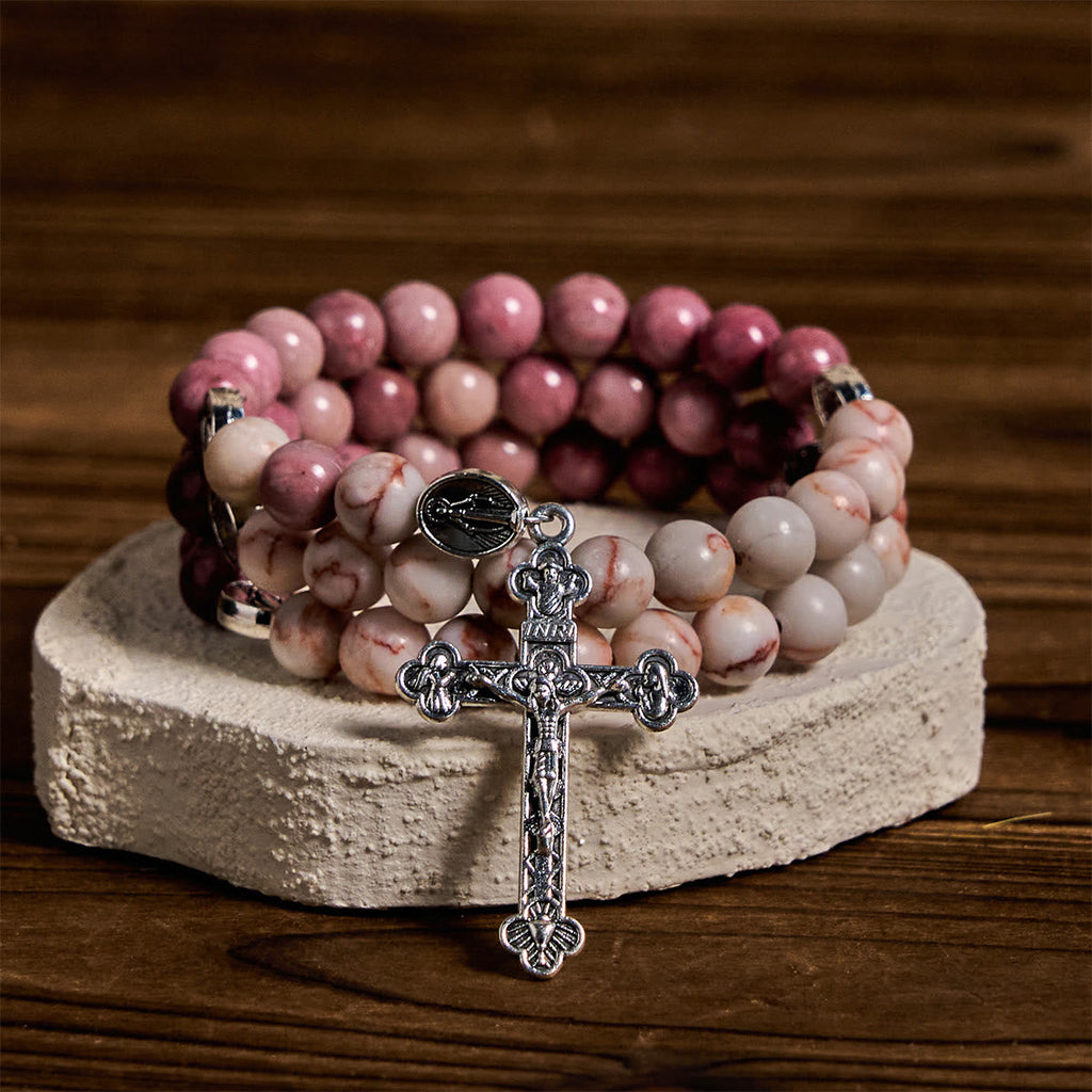 Rosewood Grain & Matte Web Stone Memory Wire Rosary Bracelet