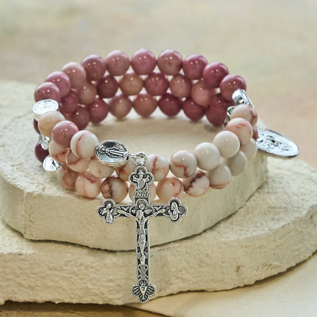 Rosewood Grain & Matte Web Stone Memory Wire Rosary Bracelet