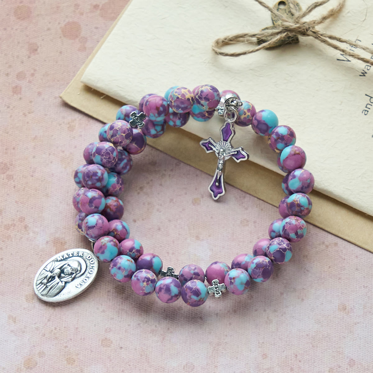 Purple Imperial Jasper Memory Wire Rosary Bracelet with Enamel