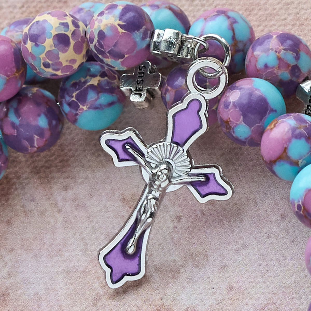Purple Imperial Jasper Memory Wire Rosary Bracelet with Enamel
