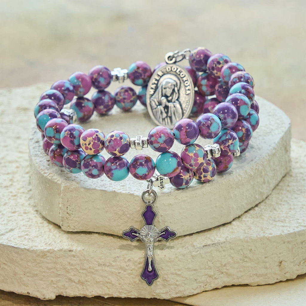 Purple Imperial Jasper Memory Wire Rosary Bracelet with Enamel