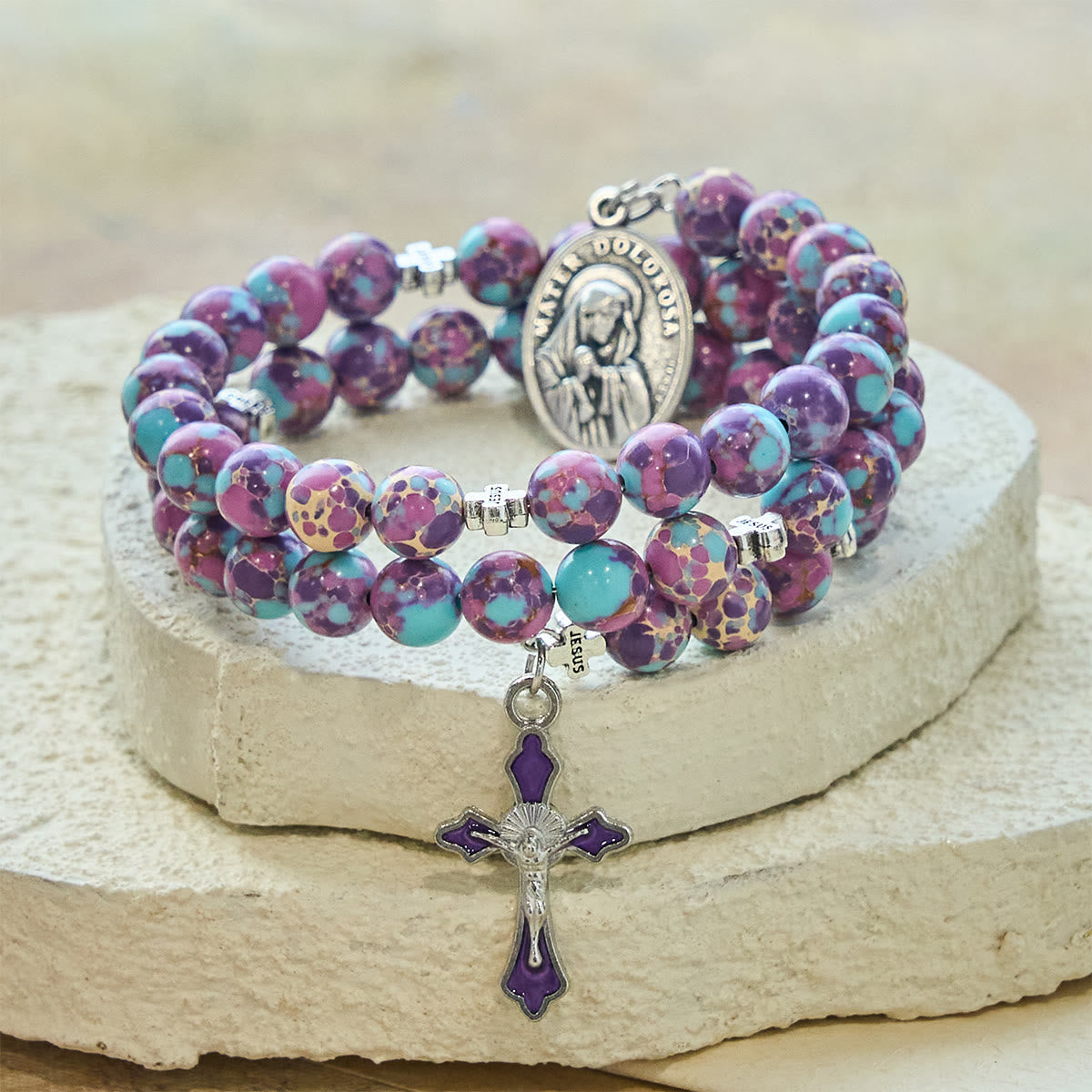 Purple Imperial Jasper Memory Wire Rosary Bracelet with Enamel