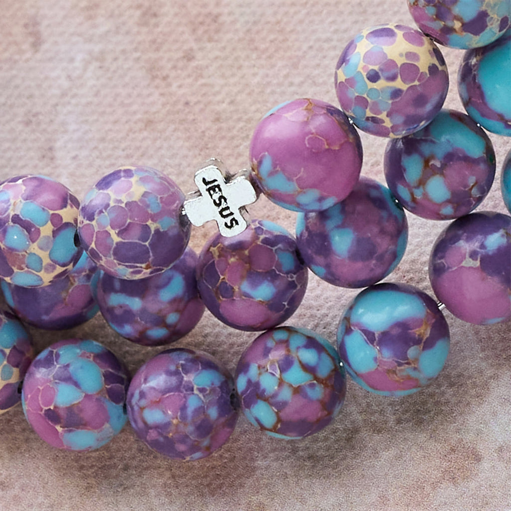 Purple Imperial Jasper Memory Wire Rosary Bracelet with Enamel