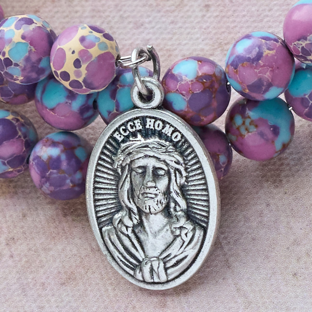 Purple Imperial Jasper Memory Wire Rosary Bracelet with Enamel