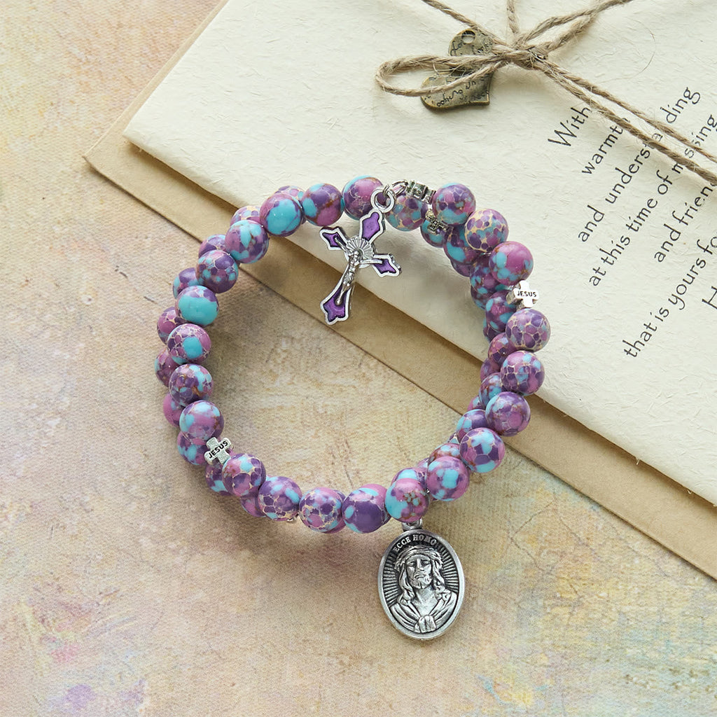 Purple Imperial Jasper Memory Wire Rosary Bracelet with Enamel