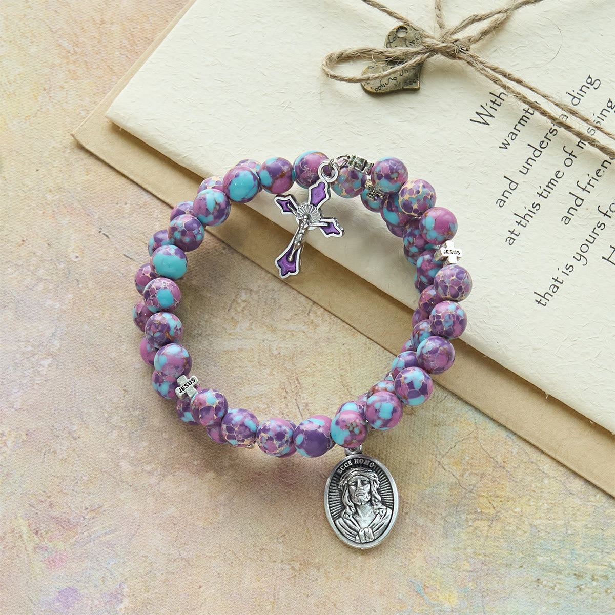 Purple Imperial Jasper Memory Wire Rosary Bracelet with Enamel