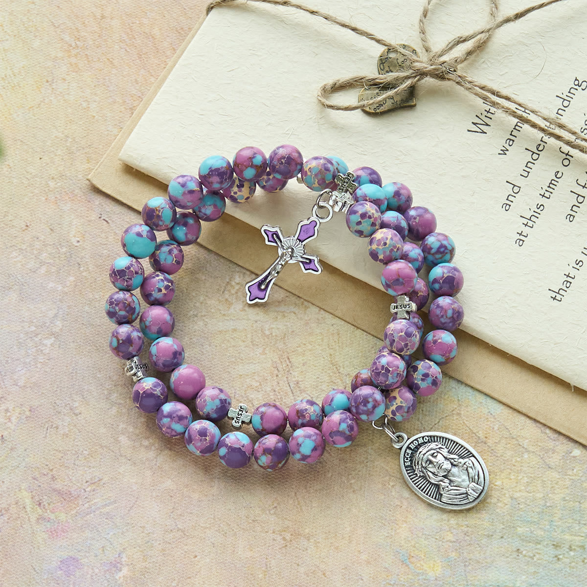 Purple Imperial Jasper Memory Wire Rosary Bracelet with Enamel