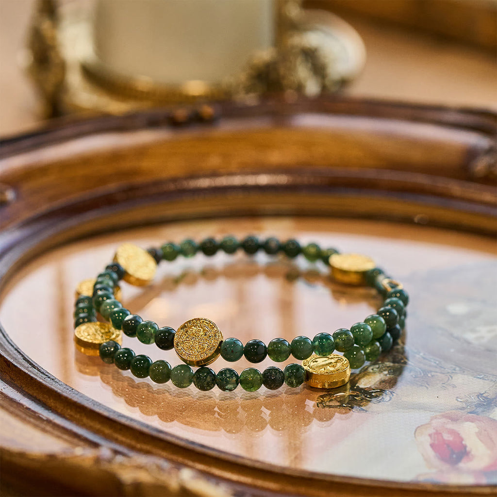 Water Grass Agate Memory Wire Rosary Bracelet