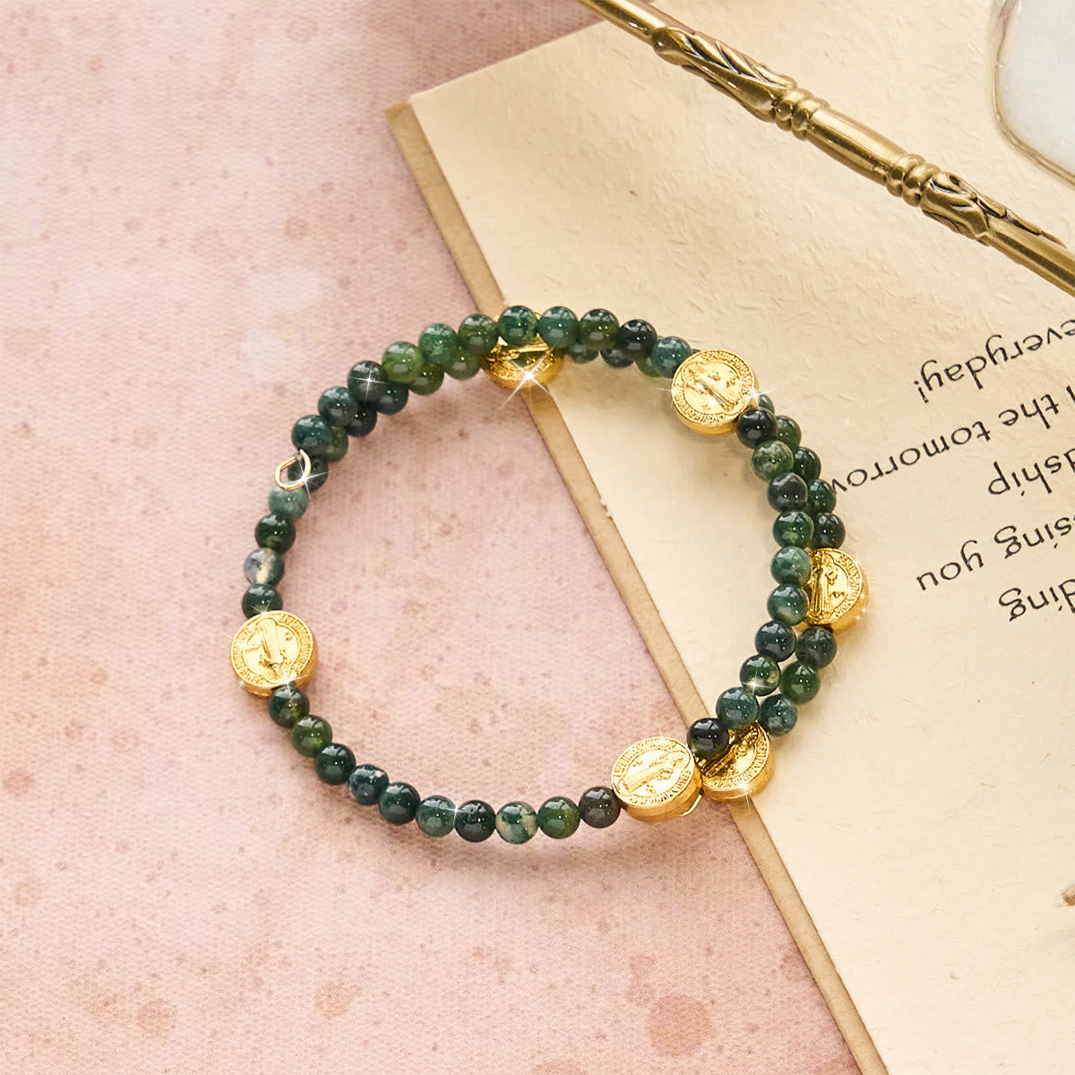 Water Grass Agate Memory Wire Rosary Bracelet