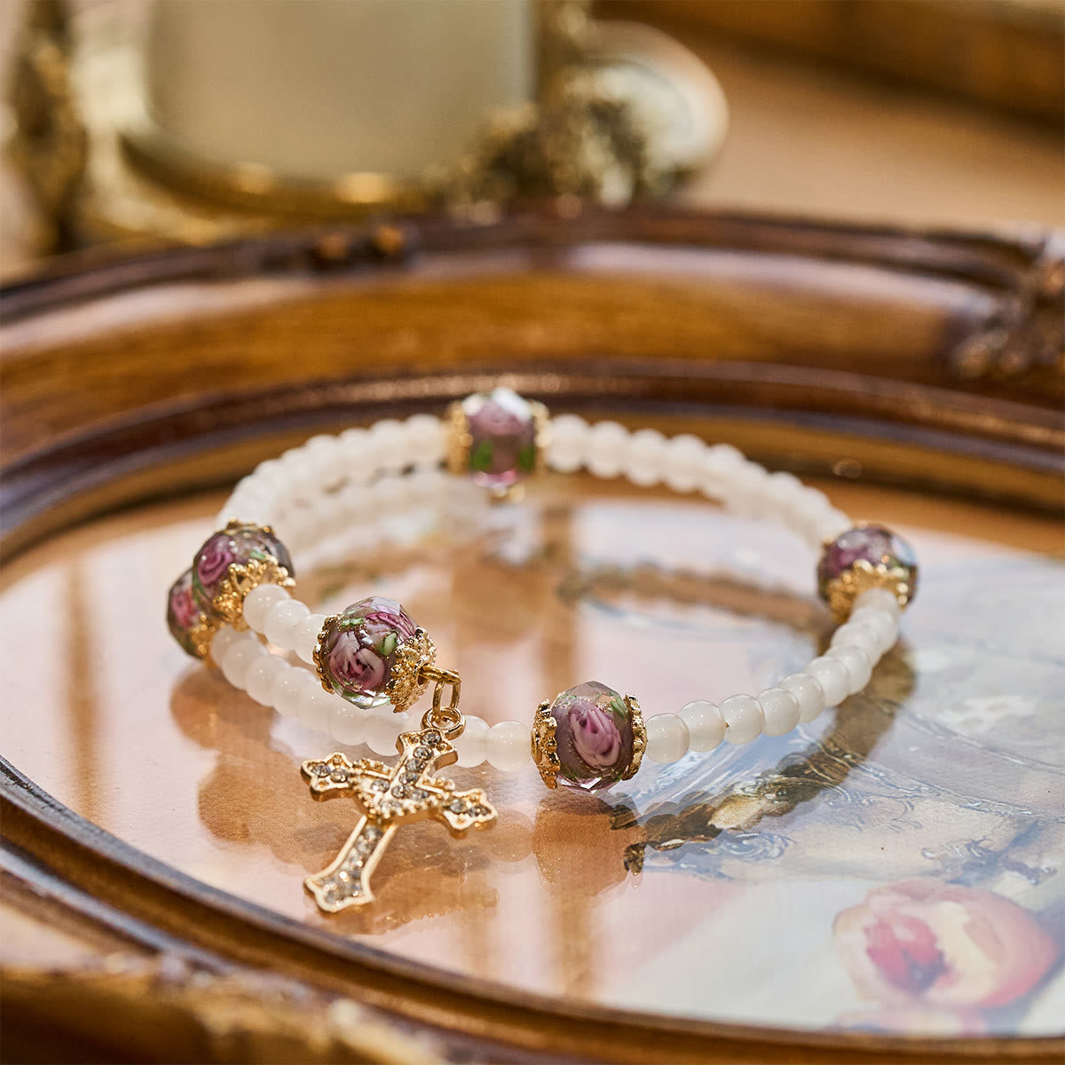 Floral Accent Memory Wire Rosary Bracelet