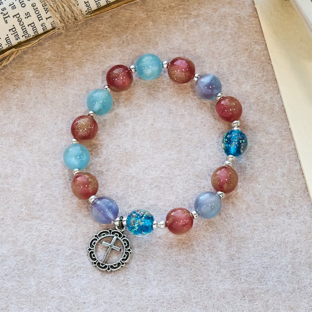 UV-Changing Glitter Bead Bracelet with Ornate Cross