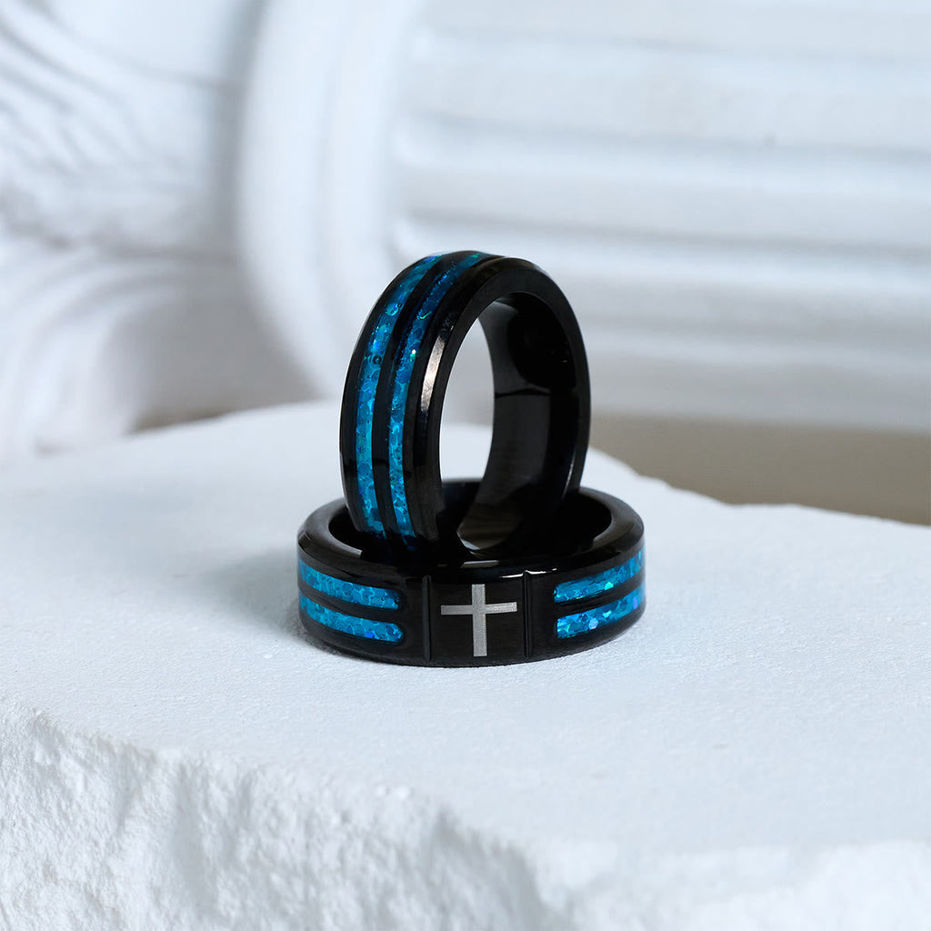Modern Titanium Steel Cross Ring with Laser Blue Inlay