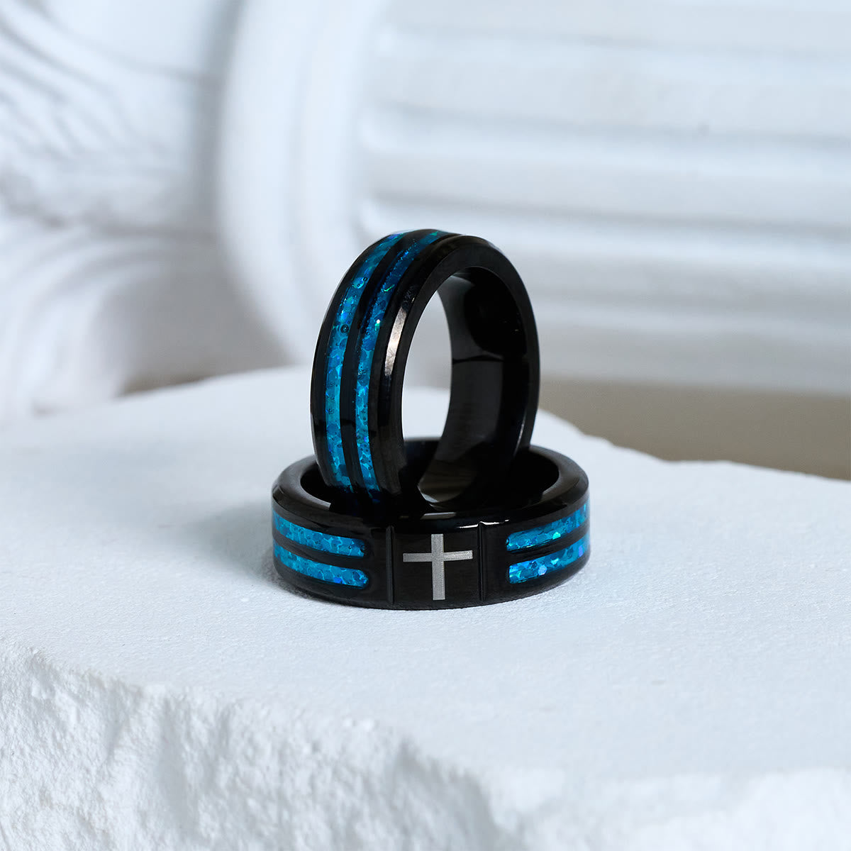 Modern Titanium Steel Cross Ring with Laser Blue Inlay