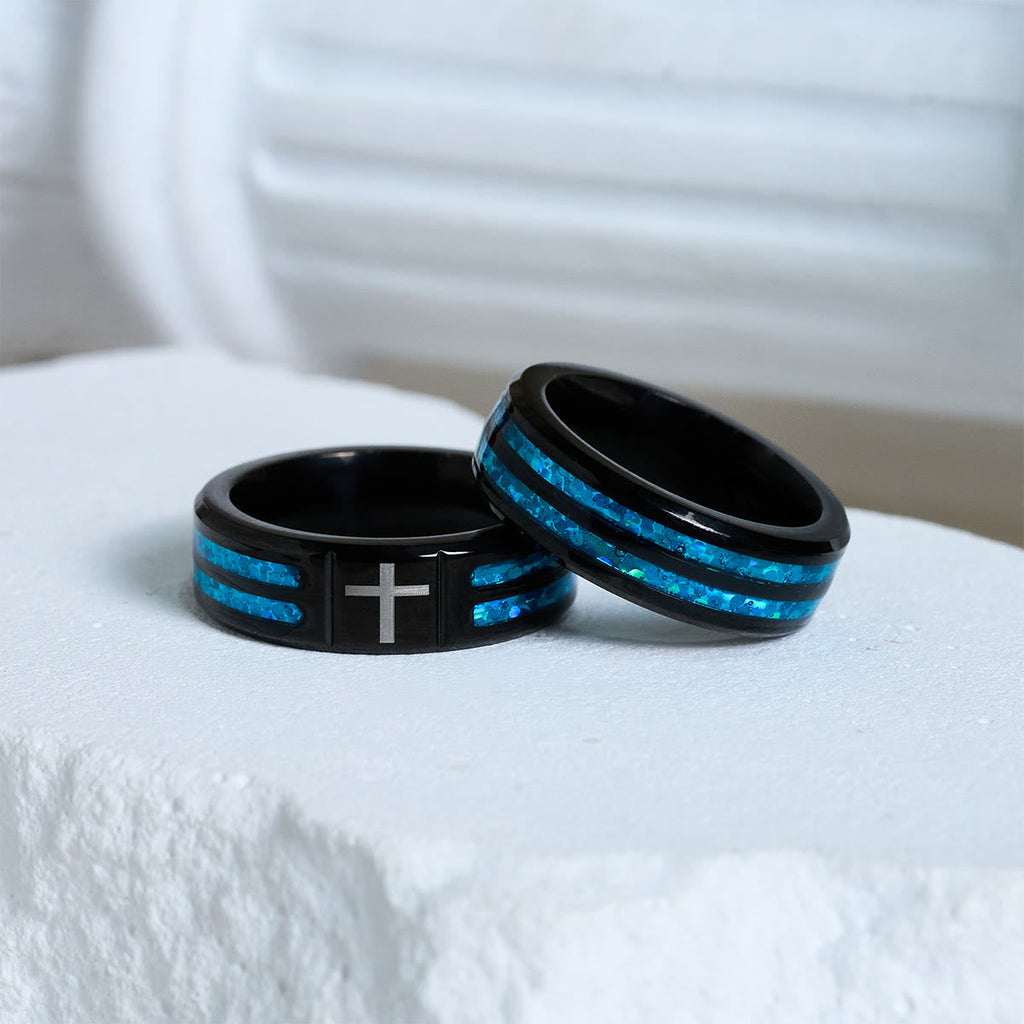 Modern Titanium Steel Cross Ring with Laser Blue Inlay