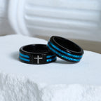Modern Titanium Steel Cross Ring with Laser Blue Inlay