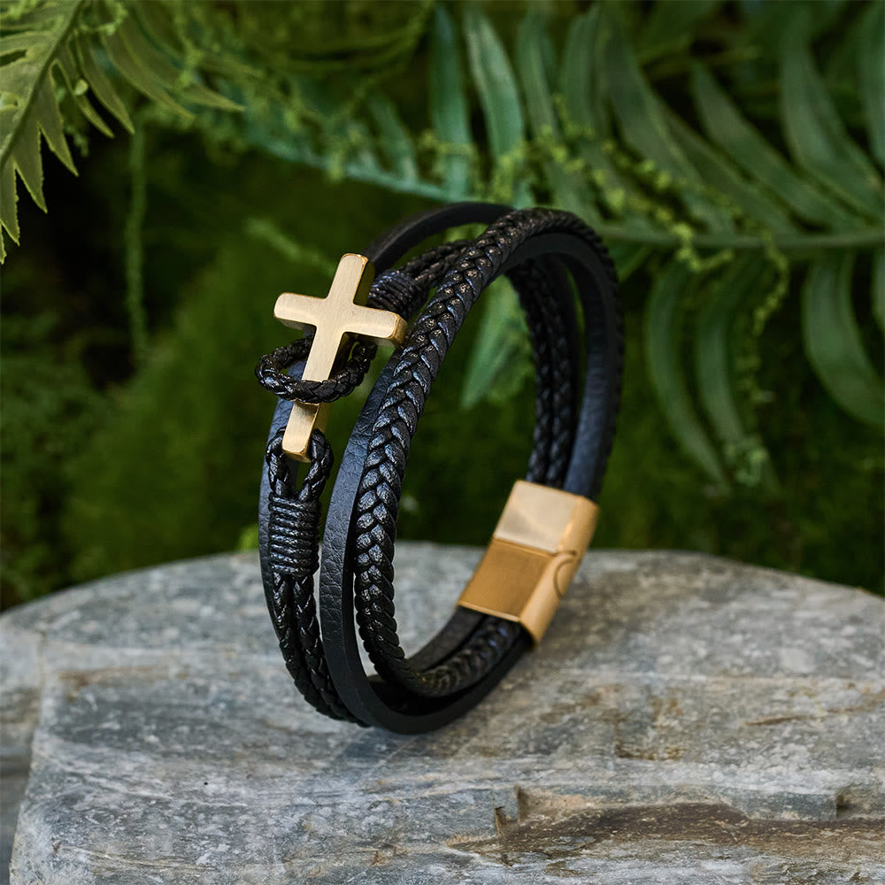 Tri-Color Stainless Steel Cross & Braided Leather Fashion Bracelet