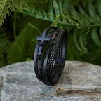 Tri-Color Stainless Steel Cross & Braided Leather Fashion Bracelet