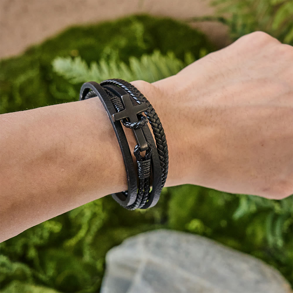 Tri-Color Stainless Steel Cross & Braided Leather Fashion Bracelet