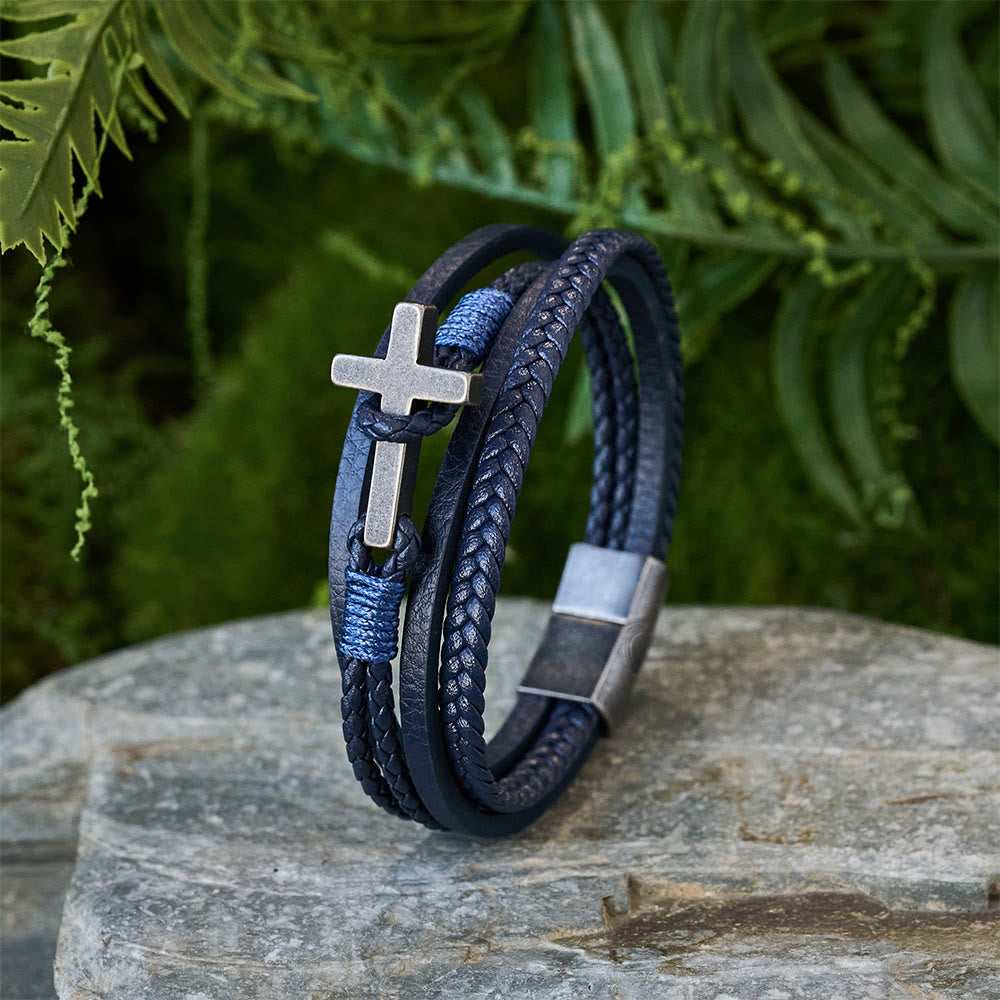 Tri-Color Stainless Steel Cross & Braided Leather Fashion Bracelet