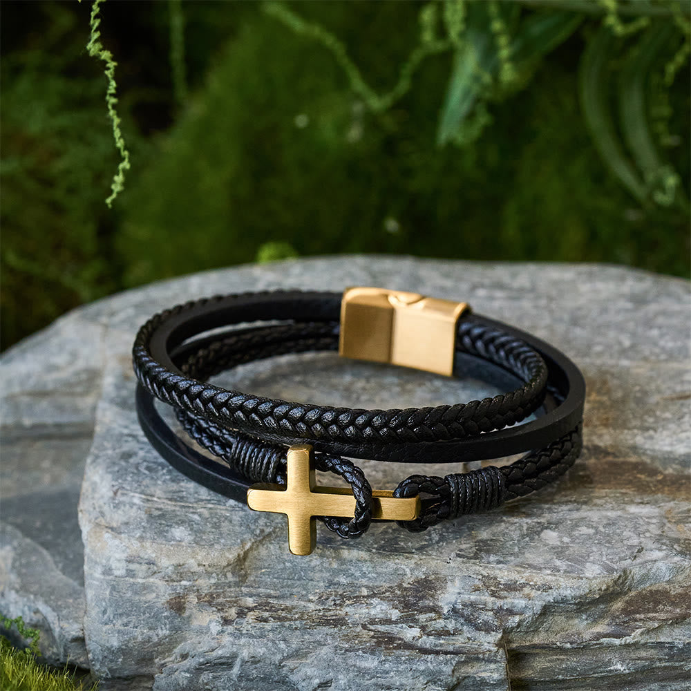 Tri-Color Stainless Steel Cross & Braided Leather Fashion Bracelet