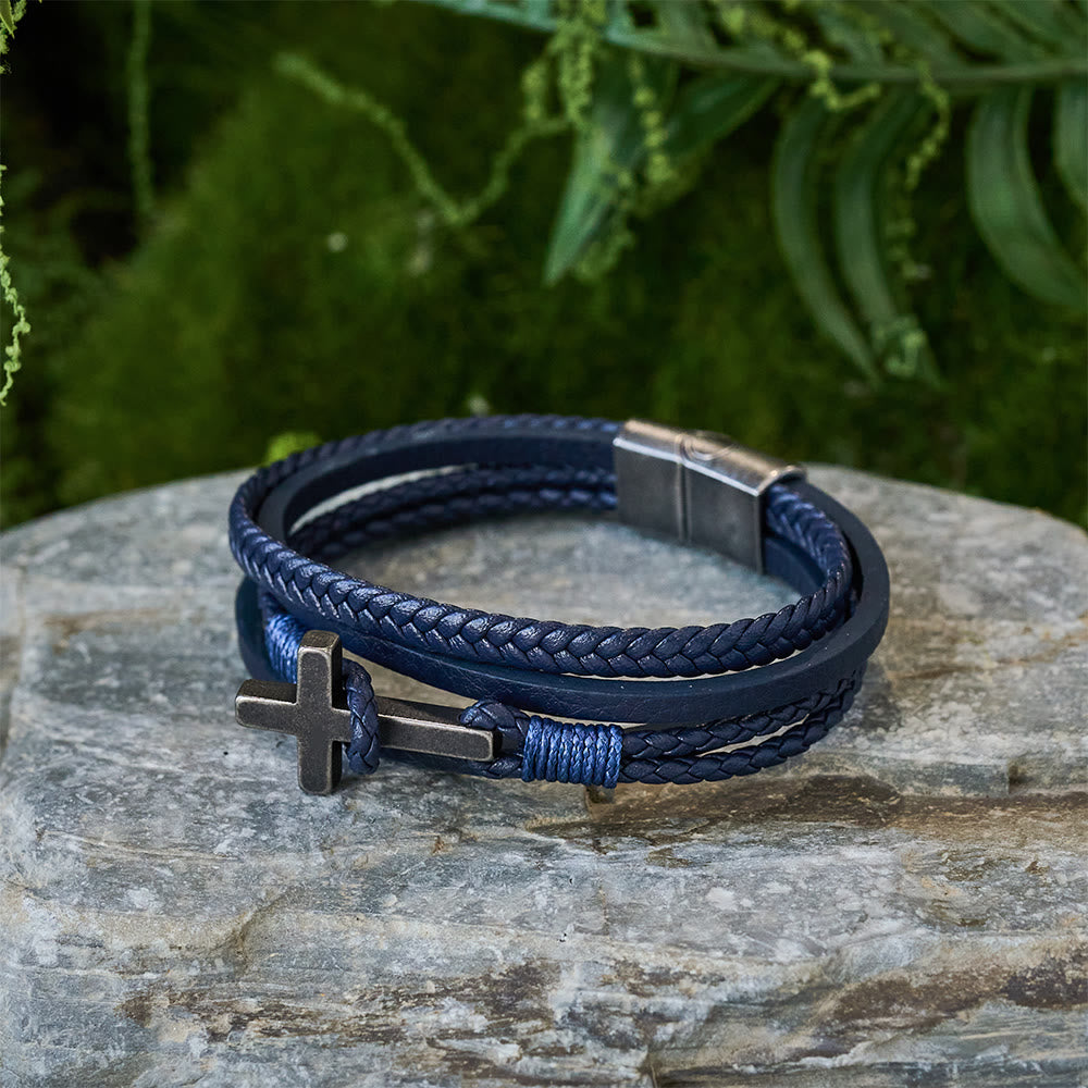 Tri-Color Stainless Steel Cross & Braided Leather Fashion Bracelet