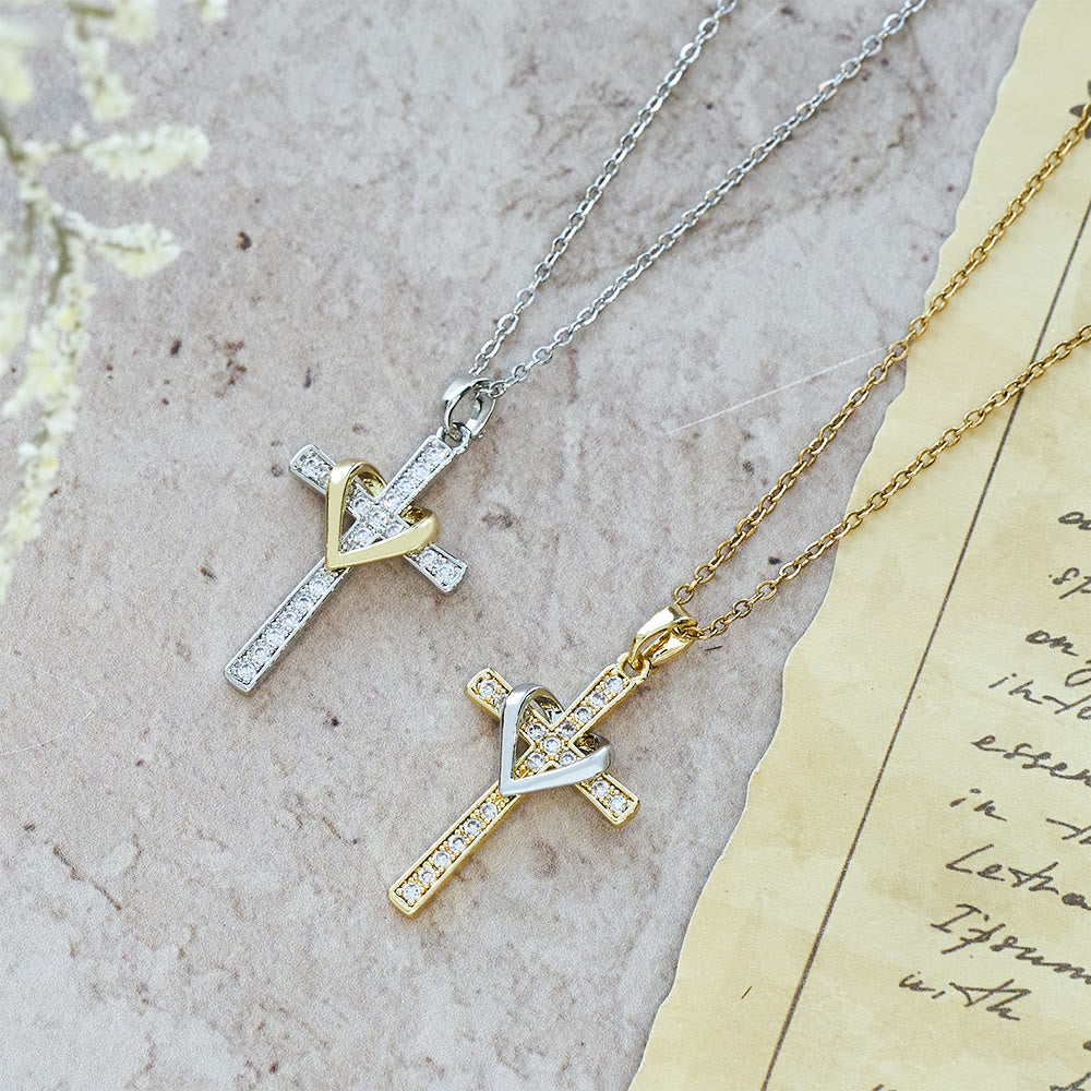 Dual-Tone Heart & Cross Necklace with Zircons