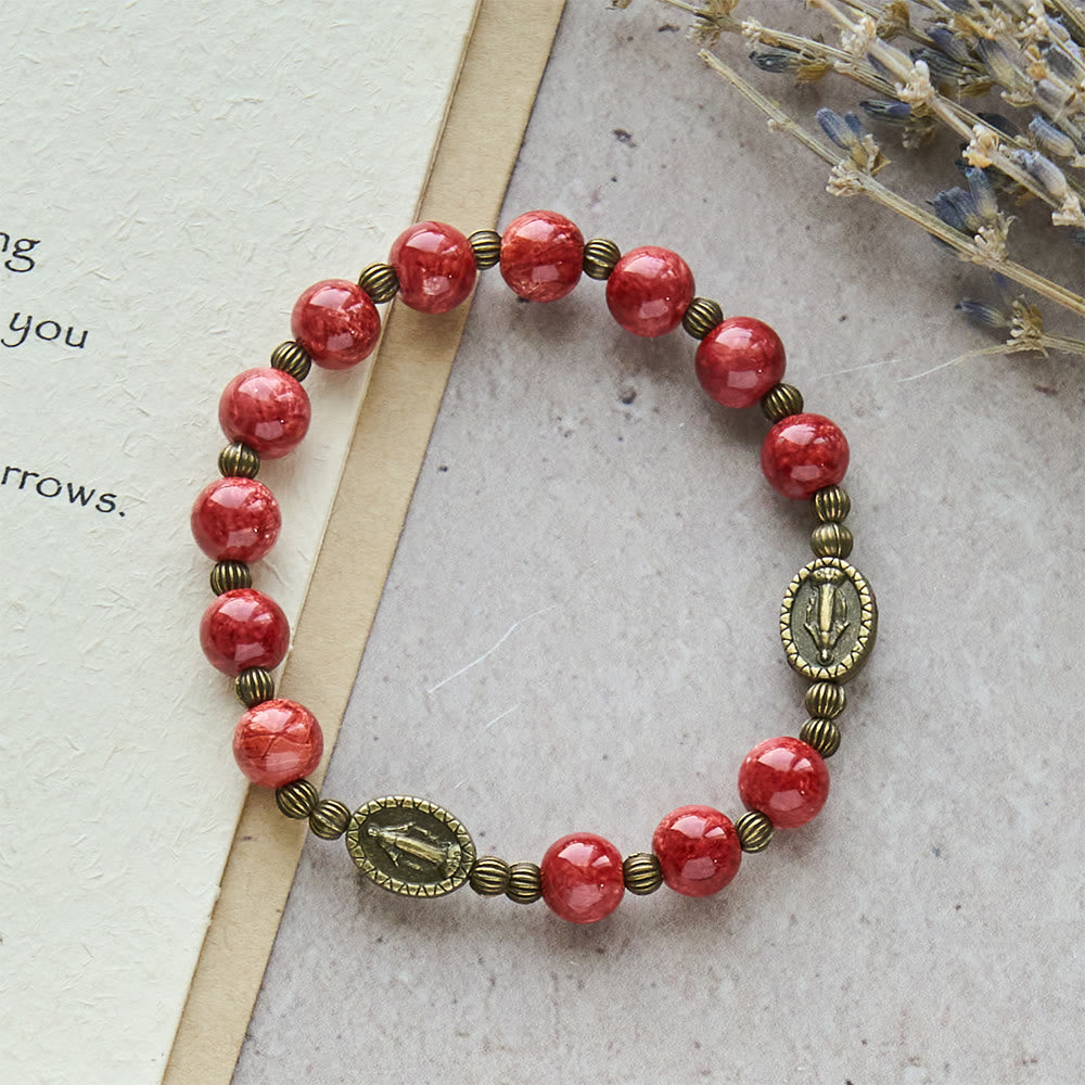 Vintage Red Green Glass Bracelet with Miraculous Medal