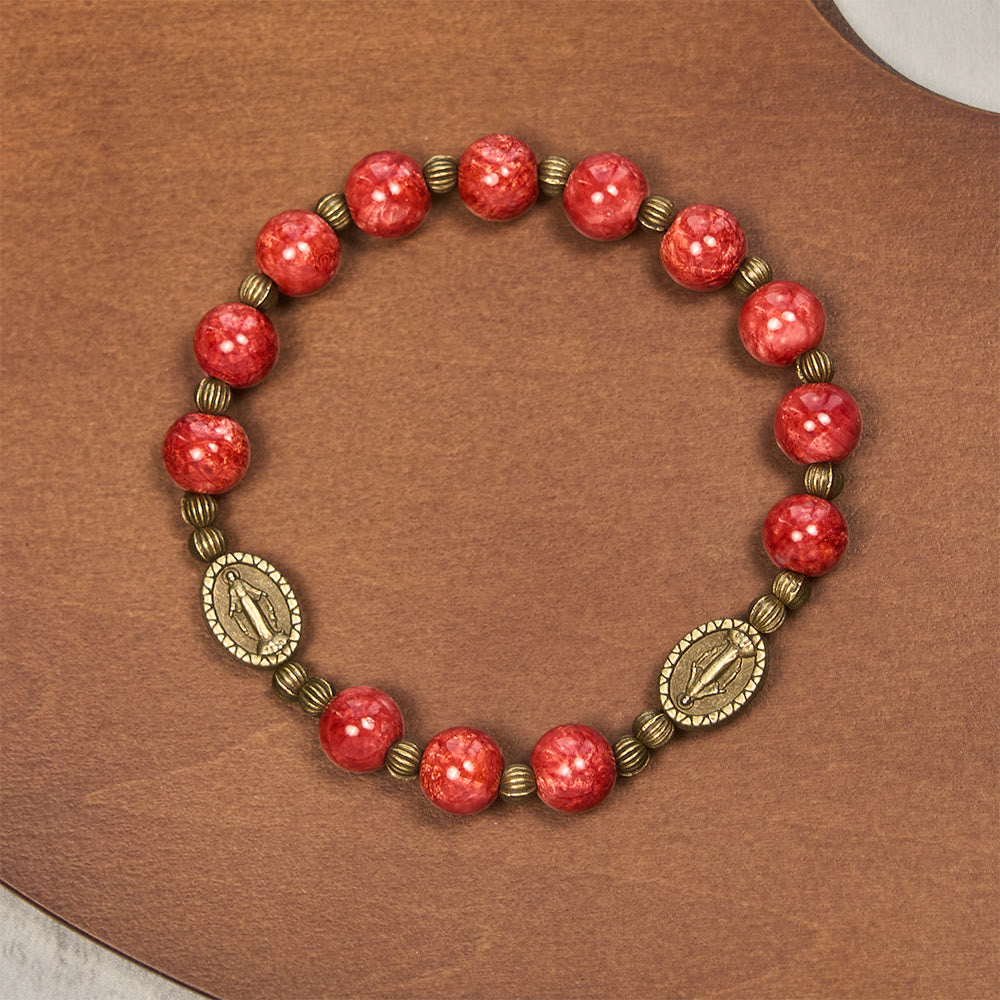 Vintage Red Green Glass Bracelet with Miraculous Medal